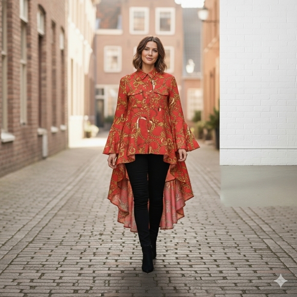 Truth Tops - Truth Small VERSACE Inspired Chain Print Hi‎ Low Shirt Dress Tunic Red Gold S